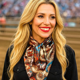 Woman wearing a colorful scarf with a blurred background