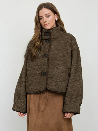 Taupe sherpa button-down jacket with mock neck and suede trim detailing