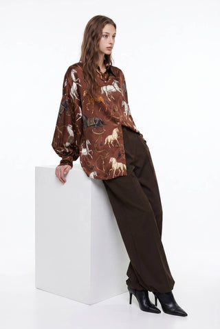 Oversized brown equestrian horse print silky satin shirt with voluminous puff sleeves