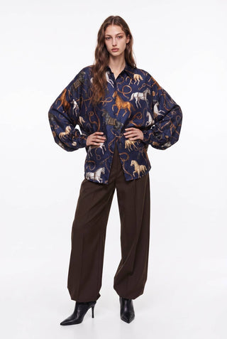 Oversized navy blue equestrian horse print silky shirt with balloon puff sleeves