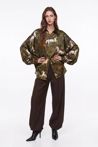 Oversized olive green horse print silky shirt with dramatic puff sleeves
