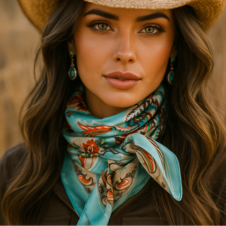 Woman wearing a straw hat and colorful scarf with a blurred natural background