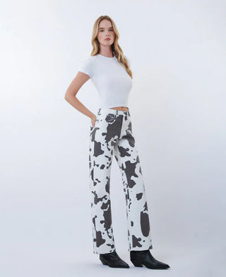 Cow Print - High Rise Full Length Wide Leg Jeans