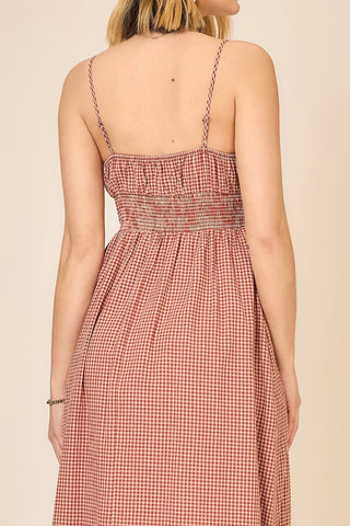 The Allyson Rust Gingham Corset Maxi Dress