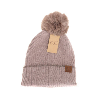 Dusty pink knit CC beanie with sequins, folded cuff, and faux fur pom-pom