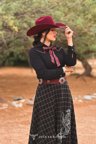 Black plaid midi western skirt with white contrast embroidery and burgundy belt