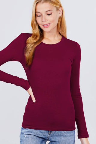 Women's burgundy long sleeve crew neck fitted cotton spandex jersey top