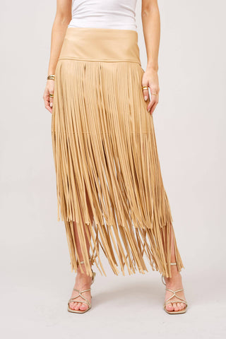 Blue B taupe faux leather fringe maxi skirt with layered tassels