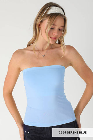 NIKIBIKI serene blue strapless two-layer tube top, fitted silhouette, smooth fabric