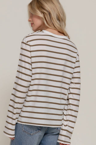 Women's white and olive striped long sleeve round neck tee, back view