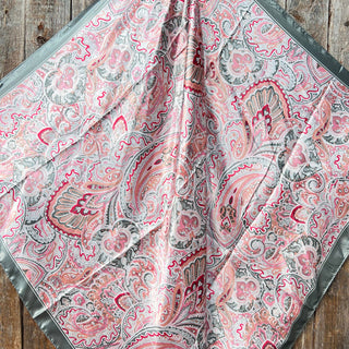 Pink and grey paisley print satin western wild rag scarf with grey border