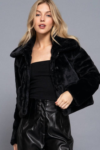 Black faux fur duffle jacket with collar and toggle buttons, cropped length