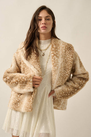 Beige faux fur shawl-collar jacket with white deer-spot print and cuffed sleeves