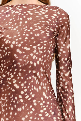 Brown long-sleeve fitted dress with cream fawn deer spot print by Sofie the Label