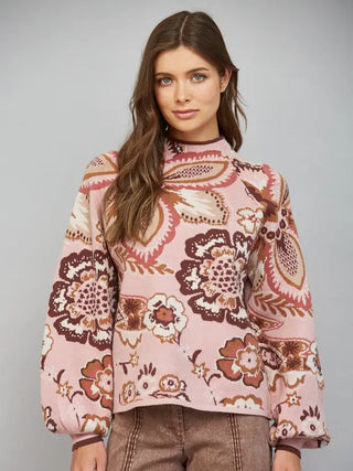 FATE pink floral jacquard mock neck sweater with balloon sleeves