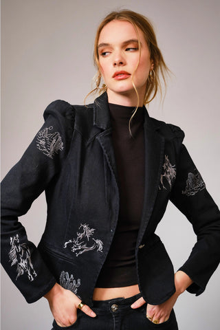 The Augusta Stretch Embroidered Denim Blazer