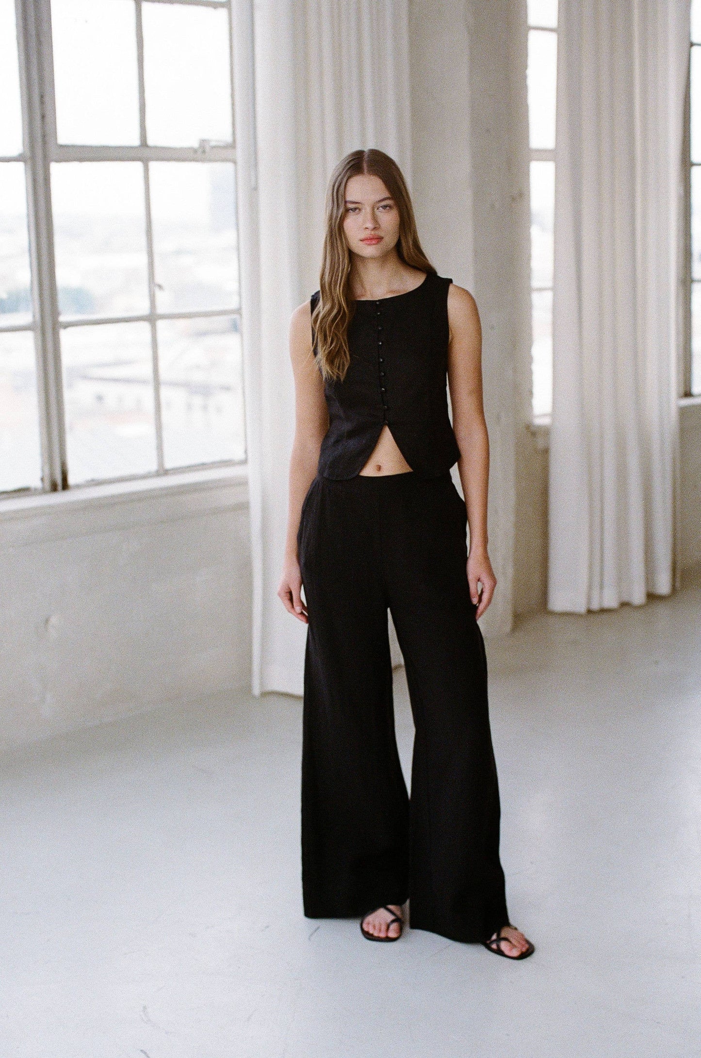 The Lexi Linen Button Down Curved Front Hem Vest