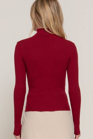 Fitted ribbed burgundy turtleneck sweater with long sleeves, back view