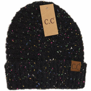 C.C black confetti boucle knit cuff beanie with multicolor speckled pattern