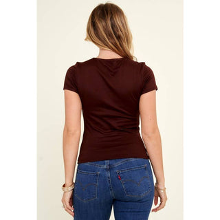 Women's dark burgundy crew neck short sleeve fitted knit tee, back view