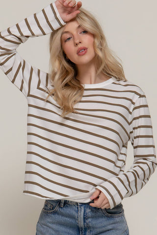 White and olive striped long sleeve round neck relaxed fit tee