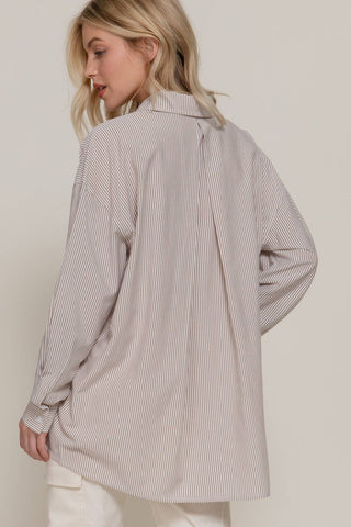 Oversized striped shirt in taupe and white with long dolman sleeves, back pleat