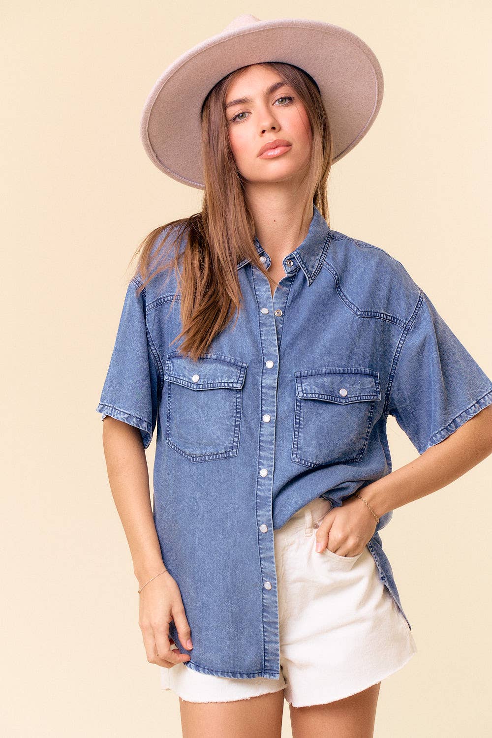The Amanda Tencel Denim Pearl Snap Shirt in Light or Dark Denim