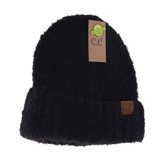 Black boucle textured C.C beanie with folded cuff and leather logo patch