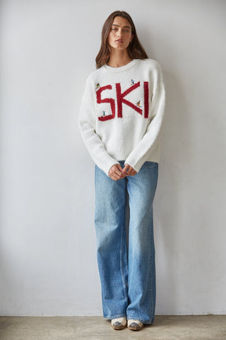 Palomino Ranch white fuzzy ski sweater with red SKI graphic and skier details