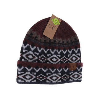 C.C Beanie burgundy navy white Aztec pattern knit cuffed beanie with recycled yarn tag