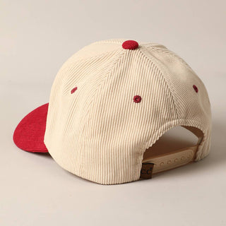 Cream and red two-tone corduroy snapback baseball cap, back view