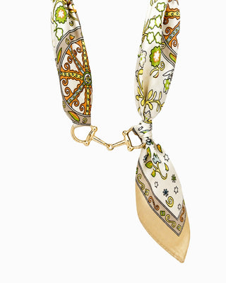 Ivory silk scarf necklace with floral paisley print and gold horse bit clasp