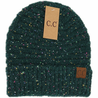 C.C dark green confetti boucle knit cuff beanie with multicolor speckled pattern