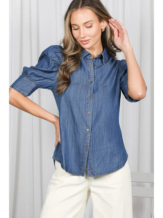 Dark denim chambray button-up shirt with short puff sleeves and collar
