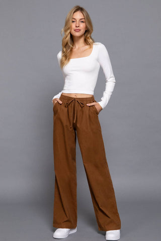 Brown elastic waist corduroy wide-leg pants with drawstring tie and side pockets