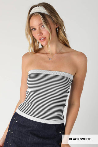NIKIBIKI black and white striped seamless bandeau tube top with ribbed trim