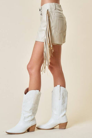 Saints & Hearts Birch beige faux leather shorts with long side fringe detail