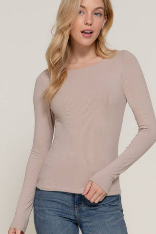 Women's taupe ribbed long sleeve round neck fitted double layer tee