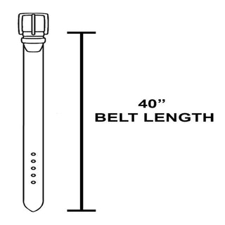 Diagram showing 40-inch total length measurement of a leather belt with buckle