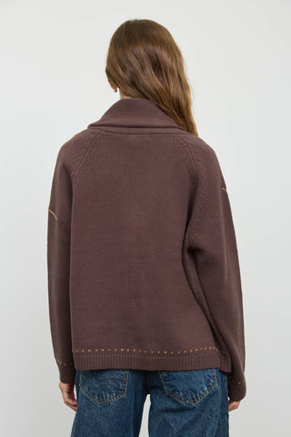 Brown knit shawl collar cardigan with gold embroidered heart details, back view