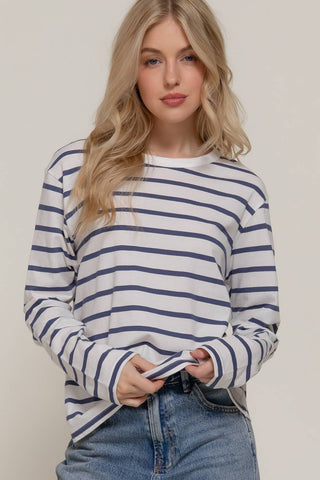 White long sleeve tee with navy blue horizontal stripes and round neck