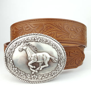 Tan floral tooled leather belt with oval silver galloping horse western buckle