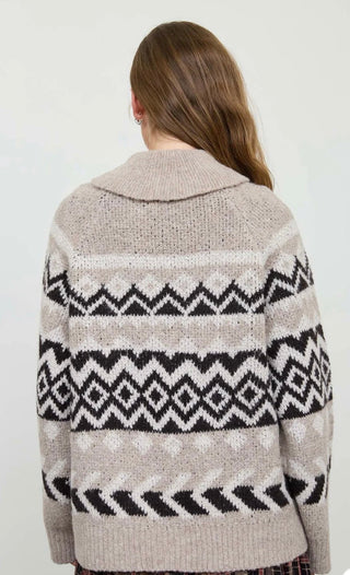 Back view of a collared zip-up knit cardigan with geometric Fair Isle pattern in black and white