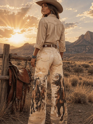 Model wearing wide-leg western denim jeans with horse print design, back view at sunset
