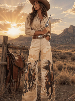 Woman in wide-leg horse-print denim jeans holding revolver at desert sunset with mountains