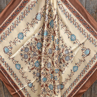 Brown and aqua floral silk wild rag scarf with cream background and vine pattern