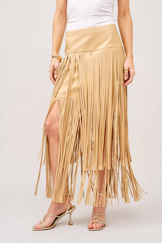 Blue B taupe faux leather maxi skirt with long layered fringe detail
