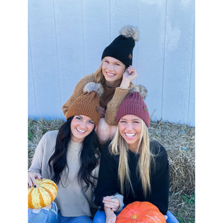 C.C Beanie honeycomb knit pom beanies in black, camel, and burgundy with faux fur poms
