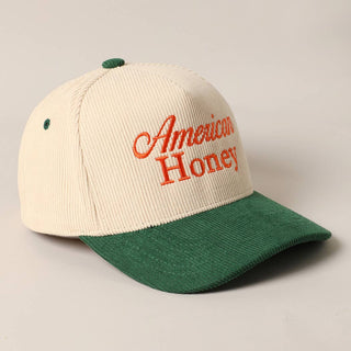 American Honey cream and green two-tone corduroy baseball cap with orange embroidery