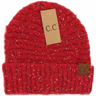 C.C red confetti boucle knit cuff beanie with multicolor speckled pattern
